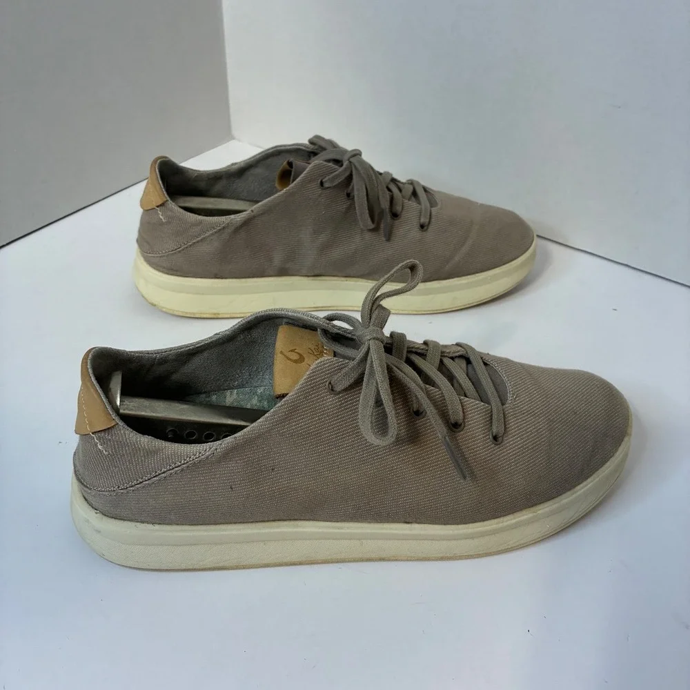 OluKai Ki'ihele Li Womens 9.5 Shoes Gray Tan Textile Lace Up Low Sneakers Casual
